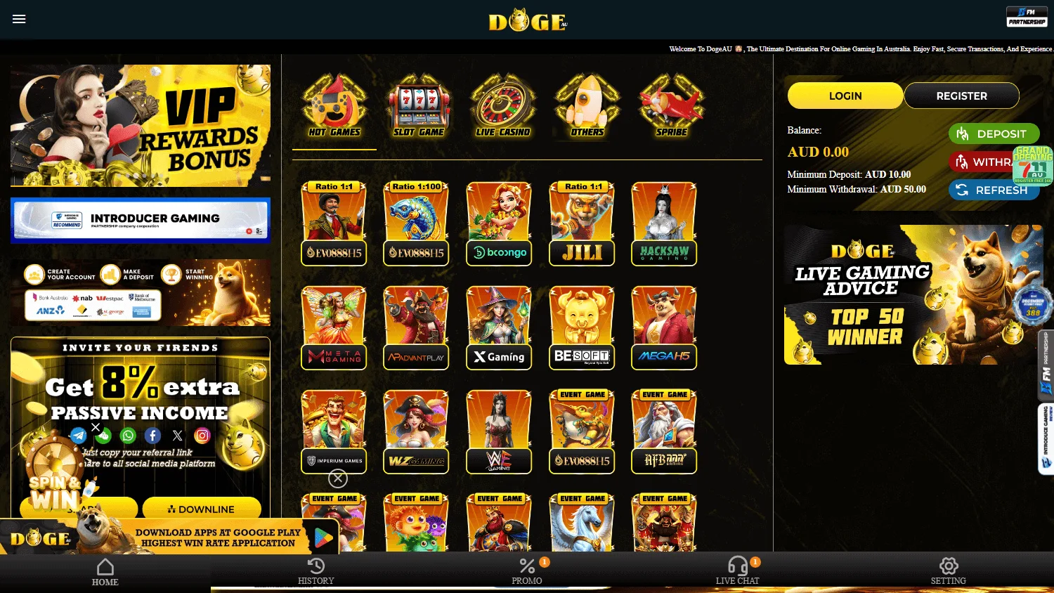 Dogeau Casino home screen on desktop
