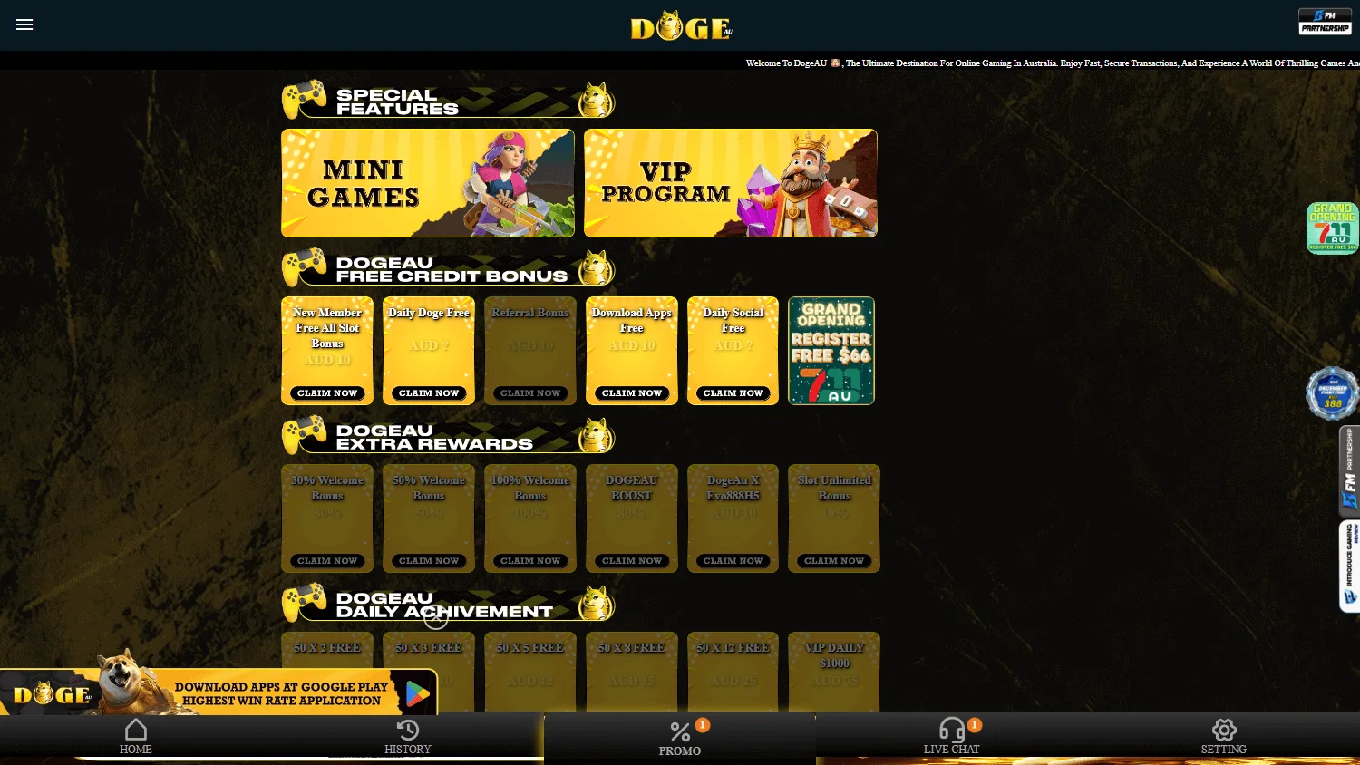 Dogeau Casino promotions screen on desktop